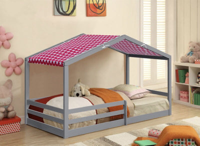 Comfy Living 3ft Wooden House Bed Grey With Pink Tent