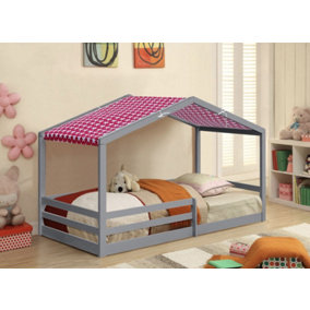 Comfy Living 3ft Wooden House Bed Grey With Pink Tent