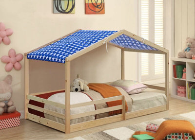 Comfy Living 3ft Wooden House Bed Natural With Blue Tent