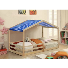 Comfy Living 3ft Wooden House Bed Natural With Blue Tent