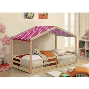 Comfy Living 3ft Wooden House Bed Natural With Pink Tent