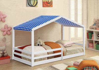 Comfy Living 3ft Wooden House Bed White With Blue Tent