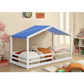 Comfy Living 3ft Wooden House Bed White With Blue Tent
