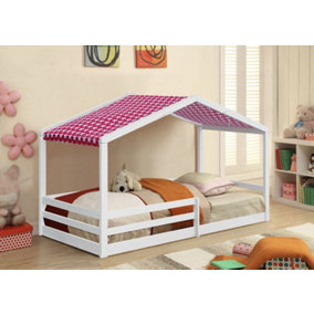 Comfy Living 3ft Wooden House Bed White With Pink Tent