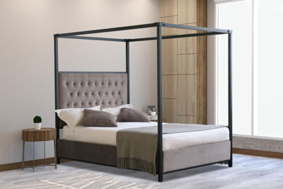 Comfy Living 4 Poster Metal Bedframe 4ft6 Double with Plush Velvet Grey Buttoned Headboard