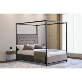 Comfy Living 4 Poster Metal Bedframe 4ft6 Double with Plush Velvet Grey Buttoned Headboard