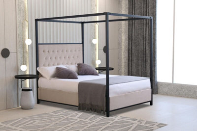 Comfy Living  4 Poster Metal Bedframe 5ft Kingsize with Plush Velvet Cream Buttoned Headboard