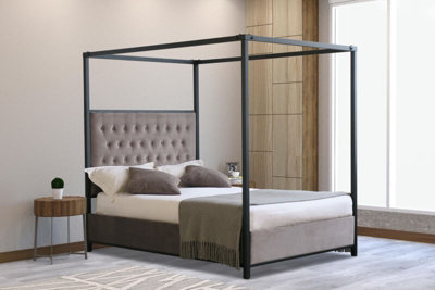 Comfy Living 4 Poster Metal Bedframe 5ft Kingsize with Plush Velvet Grey Buttoned Headboard
