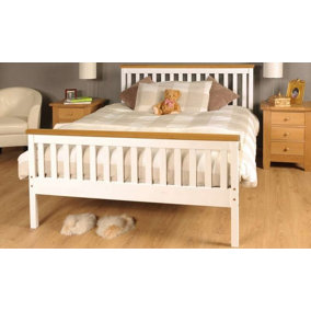 Comfy Living 4ft6 White Wooden Bed Frame with Caramel Bar