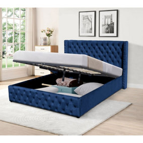 Comfy Living 4ft6 Winged Plush Velvet Ottoman Gas Lift Storage Bed In Blue