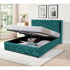 Comfy Living 4ft6 Winged Plush Velvet Ottoman Gas Lift Storage Bed In Green