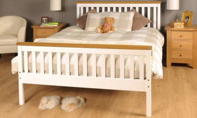 Comfy Living 5ft White Wooden Bed Frame with Caramel Bar