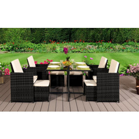 Comfy Living  9 Piece Cube Rattan Dining Set Black with cover