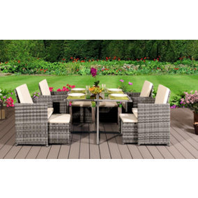 Comfy Living  9 Piece Cube Rattan Dining Set Light Grey with cover