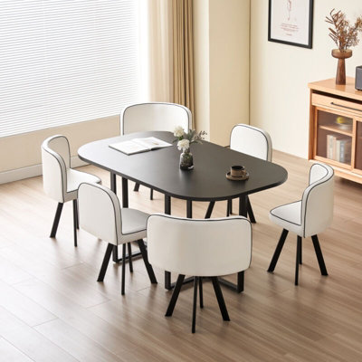 Comfy Living Black 150cm Square Dining Table Set with 6 White Chairs