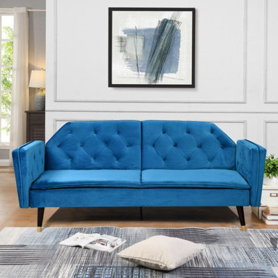 Comfy Living Blue Plush Velvet Tufted Sofa Bed With Black And Gold Legs