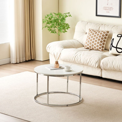 Comfy Living Circular Coffee Table With Silver Metal Frame and Wood White High Gloass Table Top