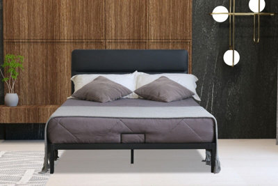 Comfy Living Metal Bedframe 4ft6 Double with Black Faux Leather Headboard