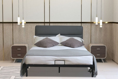Comfy Living Metal Bedframe 4ft6 Double with Grey Faux Leather Headboard