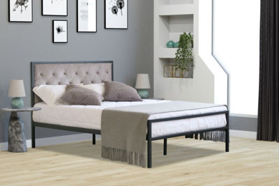 Comfy Living Metal Bedframe 4ft6 Double with Plush Velvet Grey Buttoned Headboard