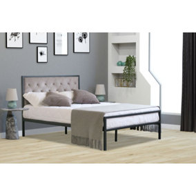 Comfy Living Metal Bedframe 4ft6 Double with Plush Velvet Grey Buttoned Headboard