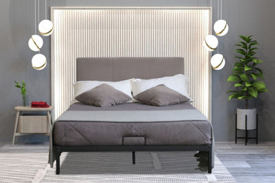 Comfy Living Metal Bedframe 5ft Kingsize with Plush Velvet Grey Headboard Metal