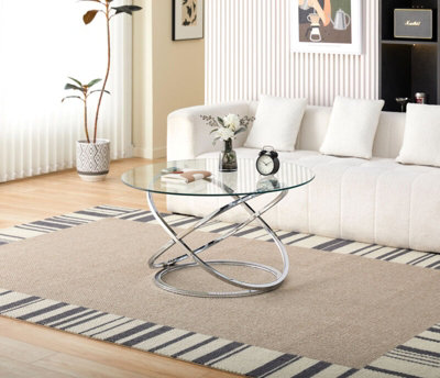 Comfy Living Round Abstract Tempered Glass Coffee Table Chrome Effect Frame In Silver