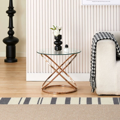 Comfy Living Round Abstract Tempered Glass Side Table Chrome Effect Frame In Silver
