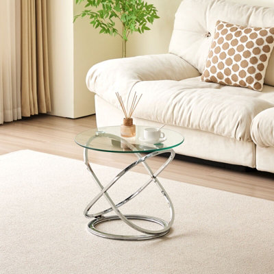 Comfy Living Round Abstract Tempered Glass Side Table Chrome Effect Frame In Silver