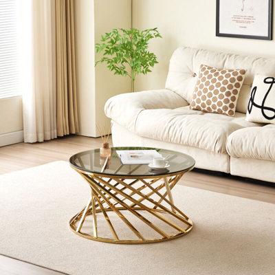 Comfy Living Round Geometric Design Gold Metal Coffee Table With Tinted Glass Tempered Top