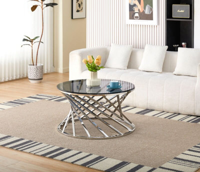 Comfy Living Round Geometric Design Silver Metal Coffee Table With Tinted Glass Tempered Top