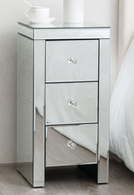 Comfy Living Small Mirrored  Bedside Table with 3 Drawers And Crystal Handles