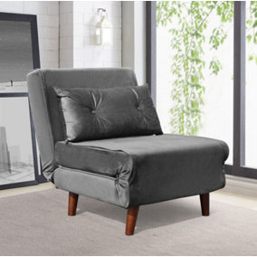 Comfy Living Small Single Sofa Bed Chair Velvet Fabric Chaise Pull Out Grey