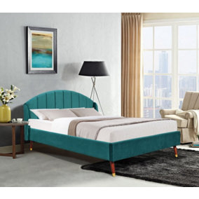 Comfy Living Winged Plush Velvet Fabric  Bed Frame with Curved Headboard 4ft6 Double Green