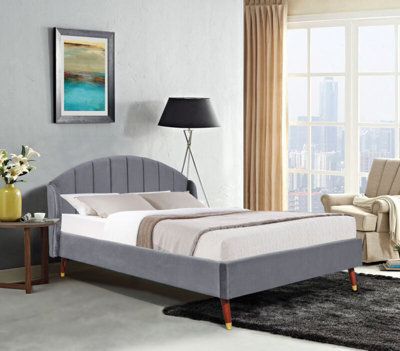 Comfy Living Winged Plush Velvet Fabric  Bed Frame with Curved Headboard 5ft King Grey