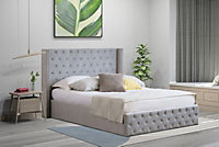 Comfy Living Winged Plush Velvet Fabric Ottoman Storage Bed Frame with Headboard in Light Grey