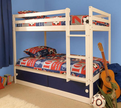 Comfy Living Wooden Kids Childrens White Single Bunk Bed With Storage in Blue