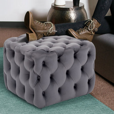 Comfy Velvet Square Footstool Square Pouffe Seat for Living Room 49cm W x 49cm D x 44cm H Grey