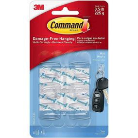 Command Clip Strips Clear Mini Hooks with Clear Strips, 17006CLR-P, 6 Hooks & 8 Strips