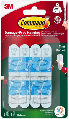 Command Outdoor Mini Hooks, 6 Mini Hooks and 8 Small Adhesive Strips, Transparent - Damage Free Hanging