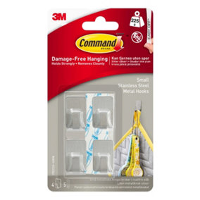 Command Small Stainless Steel Metal Hooks , 17031SS-4, 4 Hooks, 5 Strips
