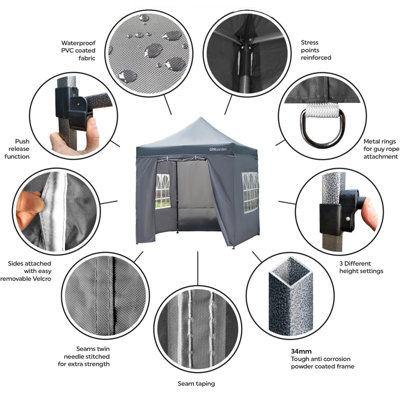 Commercial Grade Grey Pop Up Gazebo Waterproof Heavy Duty Market Stall Tent 3x3m