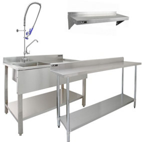 Commercial Sink & Pre-Rinse Tap - Right Hand Drainer, 6ft Stainless Steel Catering Bench, 2 x Wall Mounted Shelves