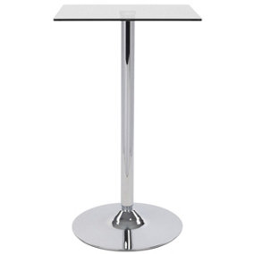 Como Poseur Premium Bar Table, Square Clear Glass Table Top, Chrome Stem And Base, Kitchen Table, 60cm Width x 102cm Height