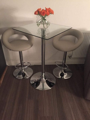 Como Poseur Premium Bar Table, Square Clear Glass Table Top, Chrome Stem And Base, Kitchen Table, 60cm Width x 102cm Height