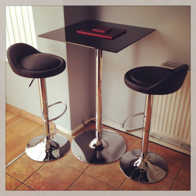 Como Poseur Table with Square Black Glass Top & Chrome Finish, Kitchen Table, 60cm Width