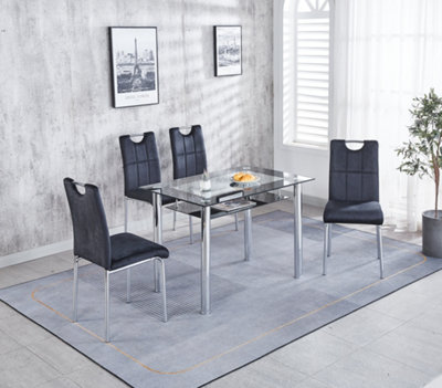 Compact 105 cm Black Dining Table with 4 Black Velvet Dining Chairs Set