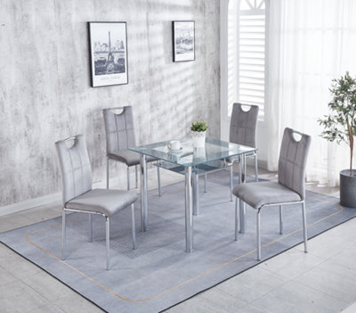 Compact 120 cm Grey Dining Table with 4 Grey Velvet Dining Chairs Set
