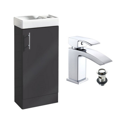 Compact Anthracite Vanity Unit Including Ceramic Basin Sink & Chrome