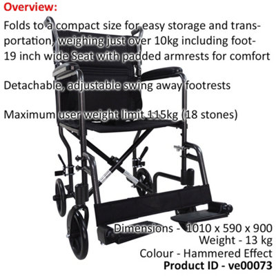 Compact Attendant Propelled Lightweight Aluminium Transit Wheelchair - Hammered